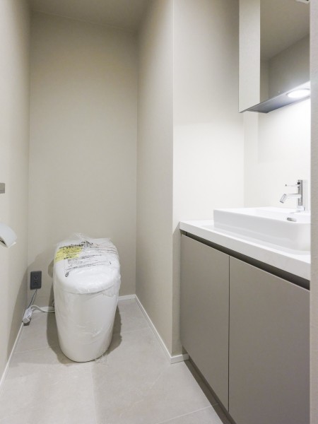 洗練されたお部屋にぴったりなスタイリッシュなタンクレストイレが設置されています。手洗い場や収納に便利なカウンターも備え付けです。