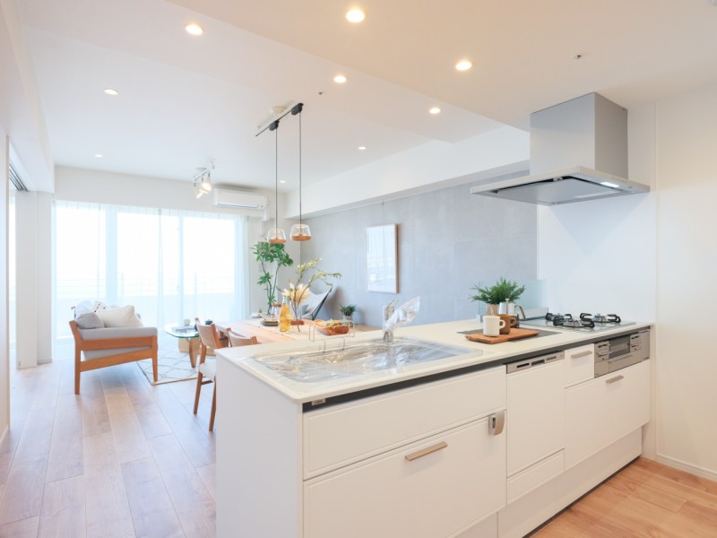 空間に溶け込む明るいホワイトカラー、家事時短に便利な食洗器など、デザイン性と機能性を兼ね備えたシステムキッチンです。作業スペースにもゆとりあり。ご家族との会話を楽しみながらの家事が可能です。