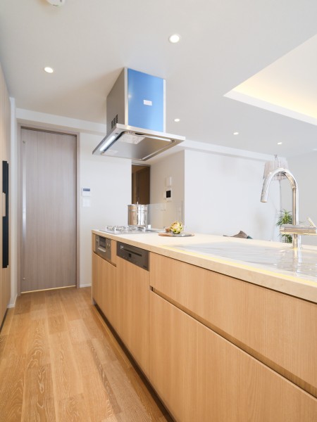 存在感のあるアイランドキッチンは、お部屋の雰囲気に調和した田中工藝製のオリジナルキッチンです。ゆったりと使用できる広さがあり、ご家族やお友達とお料理を楽しむことができます。