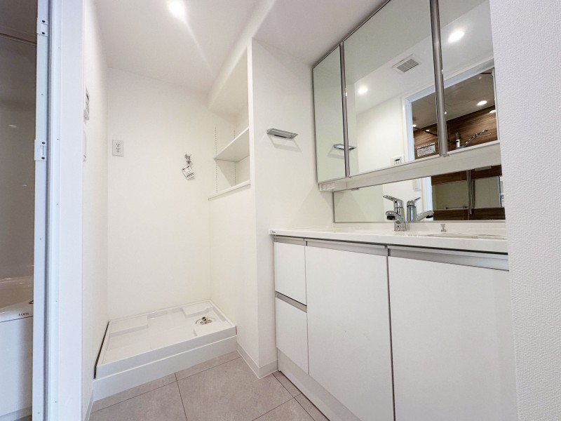 こまごまとした物が多くなりがちな洗面室には、カウンター棚や洗面化粧台の三面鏡裏、足元のキャビネットなど収納スペースがたっぷりです。