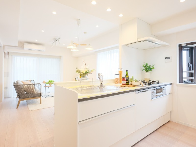 お部屋の雰囲気に溶け込む、インテリアの一部のようなオープンキッチンです。住まいと暮らしにフィットするデザイン性と機能性を兼ね備えています。キッチンにも窓があります。