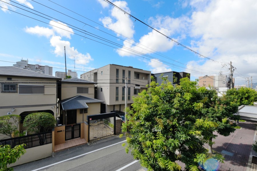 南側は戸建てが並び、前面を遮るものはありません。大通りから一つ入った静かな環境です。整えられた植栽に、大きな青空がきれいに見えます。ゆったりと伸びをしたくなるような空間が広がります。