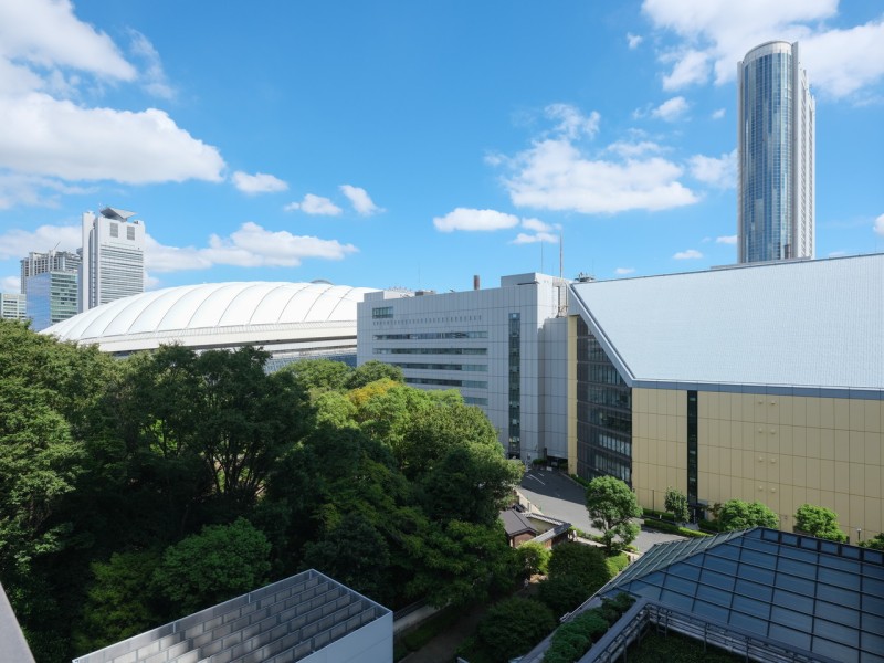 お部屋とバルコニーからは、東京タワーと小石川後楽園を望む開放的な眺望をお楽しみいただけます。お部屋の引き戸を開け放すことで、より開放感が増しそうですね。