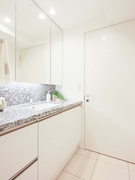 空間に美しく溶け込むスタイリッシュなデザインの洗面化粧台です。ボウル横にもスペースがあるので、メイクやヘアセットにも便利にお使いいただけます。