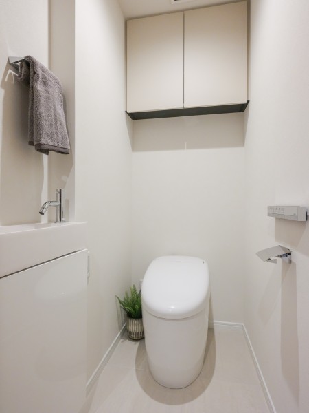 洗練されたお部屋にぴったりなスタイリッシュなタンクレストイレが設置されています。手洗い場や収納に便利なカウンターも備え付けです。