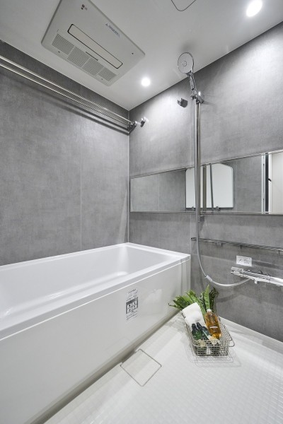 スタイリッシュな色合いのパネルが高級感を漂わせるバスルームです。ワイドミラーによってよりいっそう広く感じられるくつろぎの空間です。