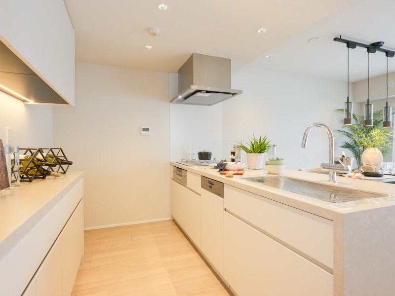 食洗器を搭載したシステムキッチンはデザイン性の高い田中工藝製オリジナルキッチンを採用。使いやすさと美しさを兼ね備えた、暮らしに寄り添った設計です。