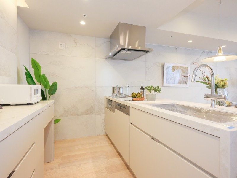 開放的なオープンタイプでお部屋に美しく溶け込むデザインの田中工藝製システムキッチンです。食器洗い機には、高性能なMiele（ミーレ）製を採用しました。