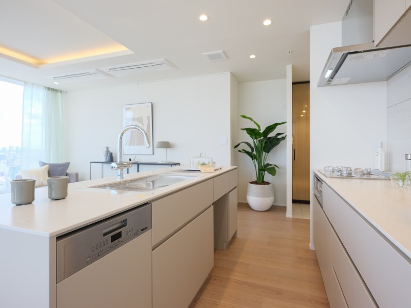 田中工藝製のオリジナルキッチンは、住まいに調和するデザイン性と機能性を兼ね備えています。食器洗い機には、高性能なMiele（ミーレ）製を採用しました。