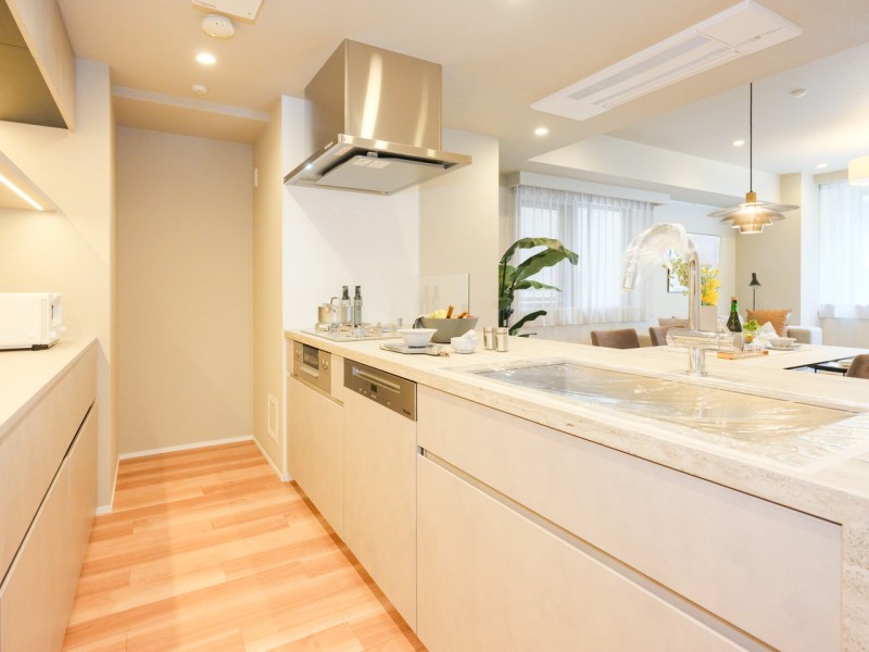 お部屋の色合いに調和した田中工藝製のシステムキッチンです。家事時短にうれしい食器洗い機付き♪住まいと暮らしにフィットするデザイン性と機能性を兼ね備えています。