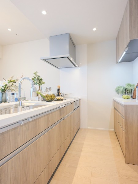 お部屋の雰囲気と調和するデザインのパナソニック製のシステムキッチンです。IHコンロとグリルで様々なお料理を作ることができます。家事時短に嬉しいディスポーザー付きです。