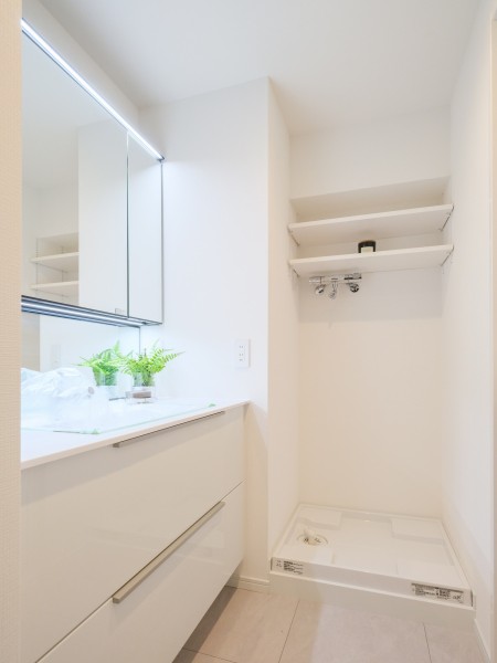 洗面室は入浴後の豊かな時間を演出し、心からくつろげるプライベートスペースです。空間に美しく溶け込むスタイリッシュなデザインの洗面化粧台は、収納豊富な三面鏡タイプです。