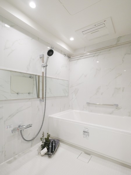 1620サイズのゆとりあるくつろぎのバスルームです。ワイドミラーによって実際より広く感じられるくつろぎの空間となっております。バスタイムを満喫することができます。