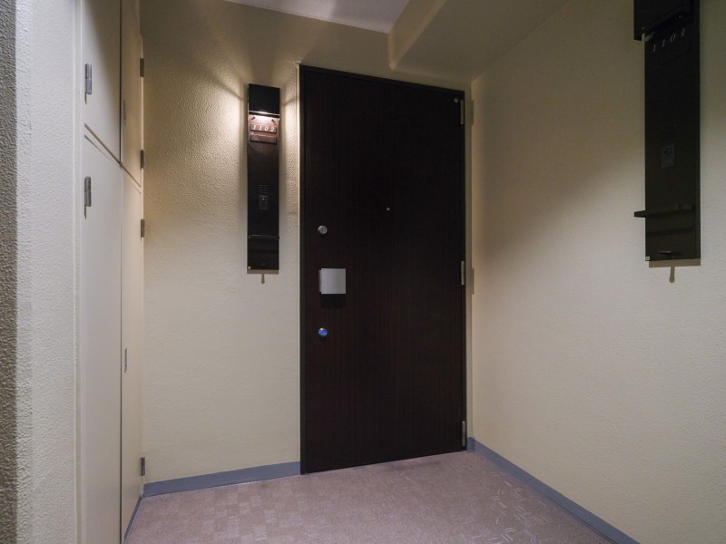 玄関扉はプッシュプルハンドルなので重量物を持っている時も開閉が簡単です。共用部は2026年2月に大規模修繕工事を実施しており、管理体制が良好なことが伺えます。