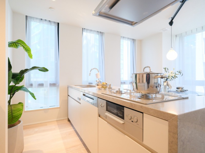 開放的なオープンキッチンは、住まいと暮らしにフィットするデザイン性と機能性を兼ね備えています。食洗器を搭載していますので、日々の家事時短に役立ちます。