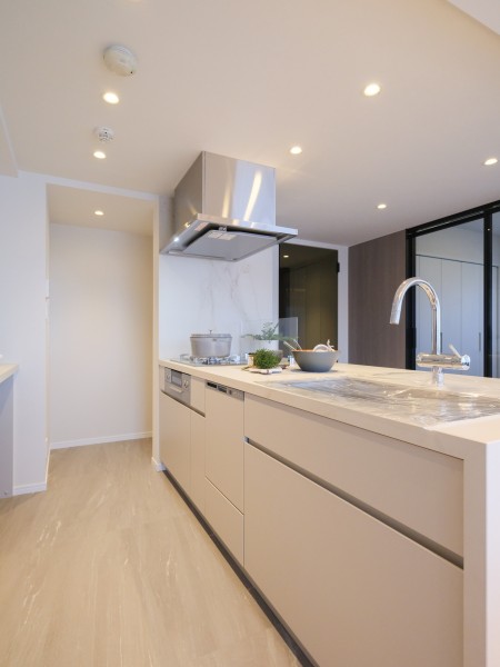 柔らかで活気に満ちた印象を与えるデザインのキッチンを採用しました。心地よい時間を紡ぎ出し、快適にお料理ができそうな空間です。