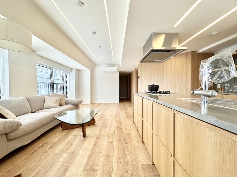 天井にはライン照明を採用し、こだわったリノベーションを施しました。心地よい素材感で包まれた居住空間の中にスタイリッシュさが宿ります。