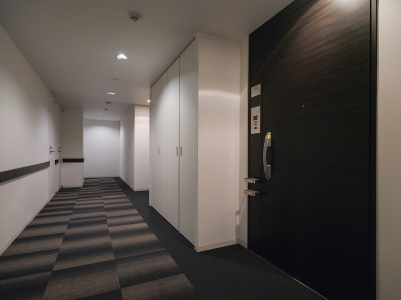 高級感漂うホテルライクな内廊下設計です。カーペット敷きの通路は足音も響きにくく、雨風や外気の影響を受けずに室内へアクセスできます。プライバシーや防犯面に配慮された快適な共用空間です。
