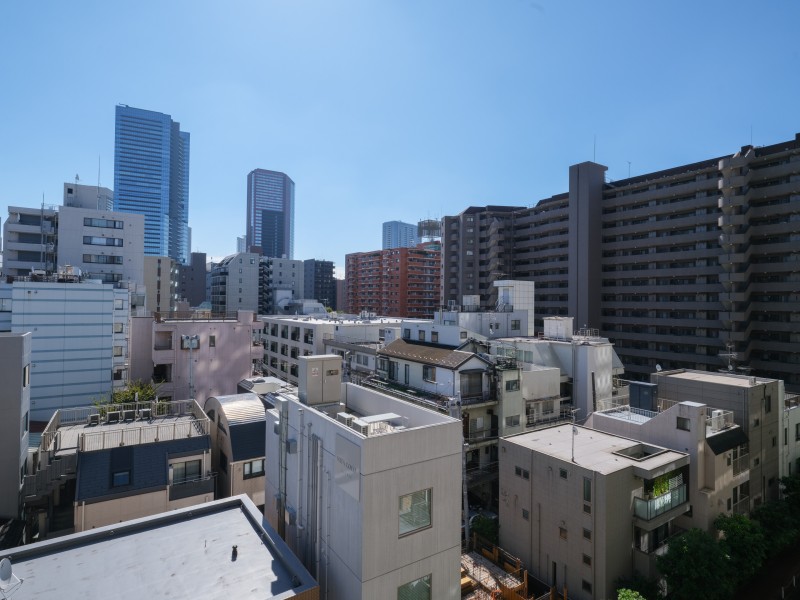 周辺の建物や都心の街並みを見渡せる眺望です。空が大きく感じられる見晴らしで、室内にも開放的な雰囲気をもたらします。
