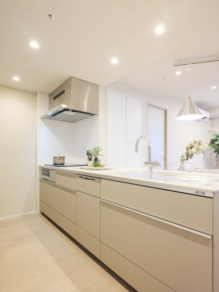 お部屋の色合いに調和した田中工藝製のシステムキッチンです。家事時短にうれしい食器洗浄乾燥機・ディスポーザー付きです。IHコンロのため火を使わず安全性が高く、フラットな天板でお手入れがしやすくなっています。お料理後のお掃除も楽ちんです。