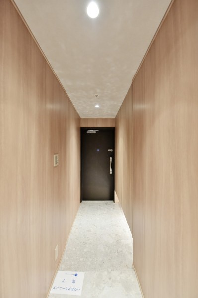 フットライトが優しく足元を照らし、家族やゲストを優しく迎え入れてくれる玄関です。人感センサーライトを設置していますので、遅い時間のご帰宅や手がふさがっている時も自動点灯で安心です。