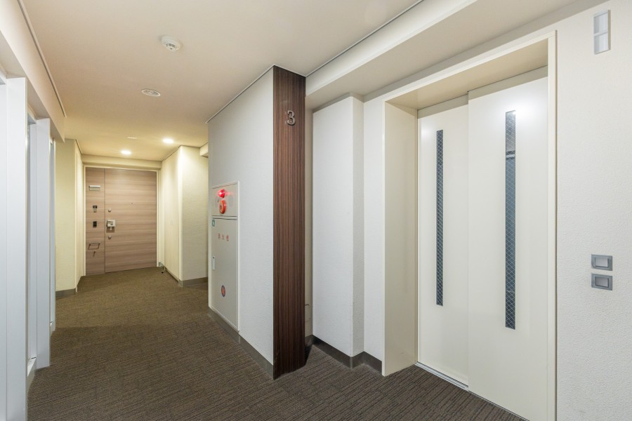 エレベーターを降りてお部屋へと続く廊下は、ホテルライクな内廊下設計です。外気の影響を受けにくく、防犯面でも安心です。