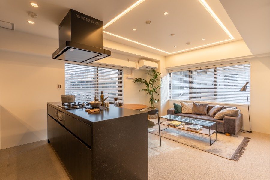 ユナイテッドアローズ社が監修したリノベーションを施したお部屋です。キッチンの重厚なブラックと天井の軽やかな光のラインが融合し、洗練された空間です。