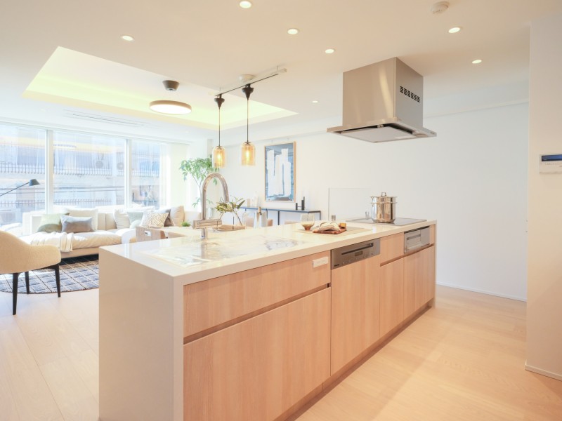 柔らかで活気に満ちた印象を与えるデザインの田中工藝製アイランドキッチンを新規交換しました。心地よい時間を紡ぎ出し、快適にお料理ができそうな空間です。