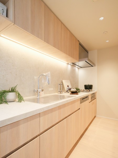 オリジナルシステムキッチンの美しい木目の面材はインテリアの一部のようでお部屋の雰囲気に溶け込みます。収納が豊富で食器や調味料などをまとめて収納することができます。