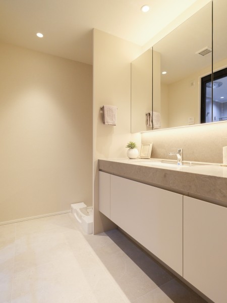 柔らかな照明が明るさを添える上質でホテルライクな洗面化粧台です。大きな三面鏡や豊富な収納、ゆとりあるカウンターが快適な使い心地をサポートします。