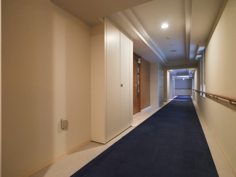エレベーターを降りてお部屋へと続く廊下は、ホテルライクな内廊下設計です。外気の影響を受けにくく、プライバシーも守られやすいです。
